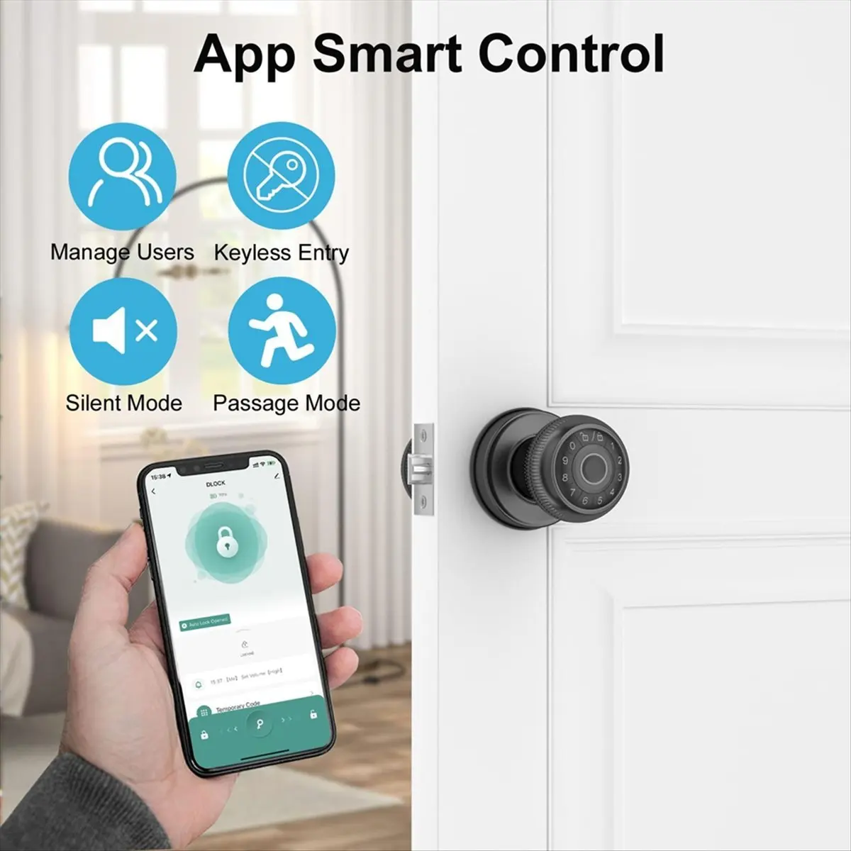 New 4-in-1 Smart Door Knob, Fingerprint Door with App Control, Smart Fingerprint Door Lock with Keypad, for Home,Office