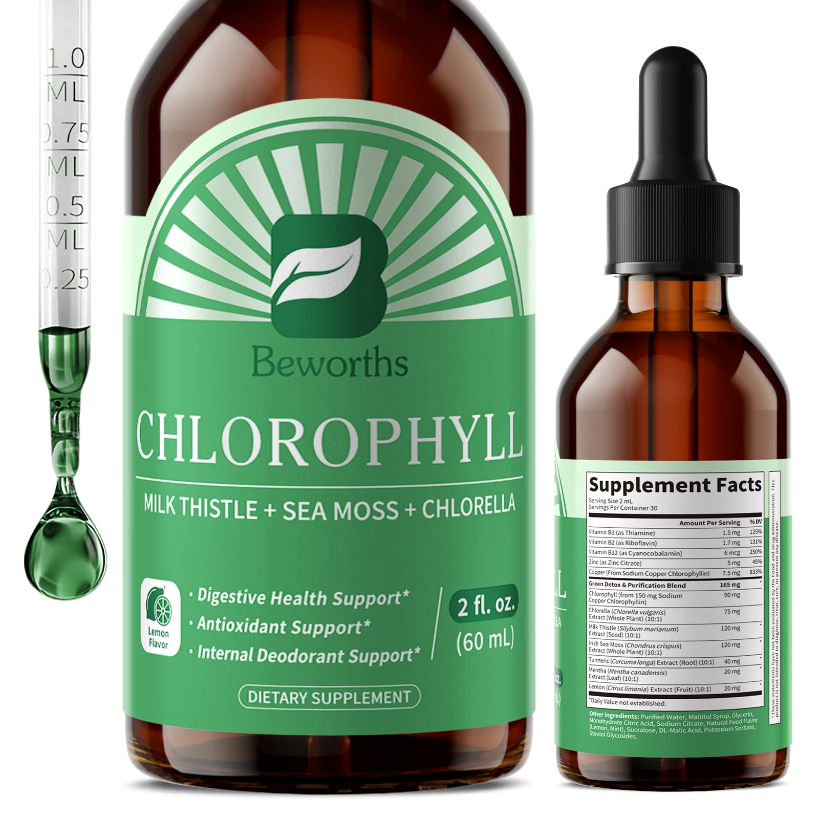 BEWORTHS 60ML Chlorophyll Liquid Drops Support Natural Cleansing & Immune, Internal Deodorant,Skin & Gut Health,Vegan,Sugar-Free