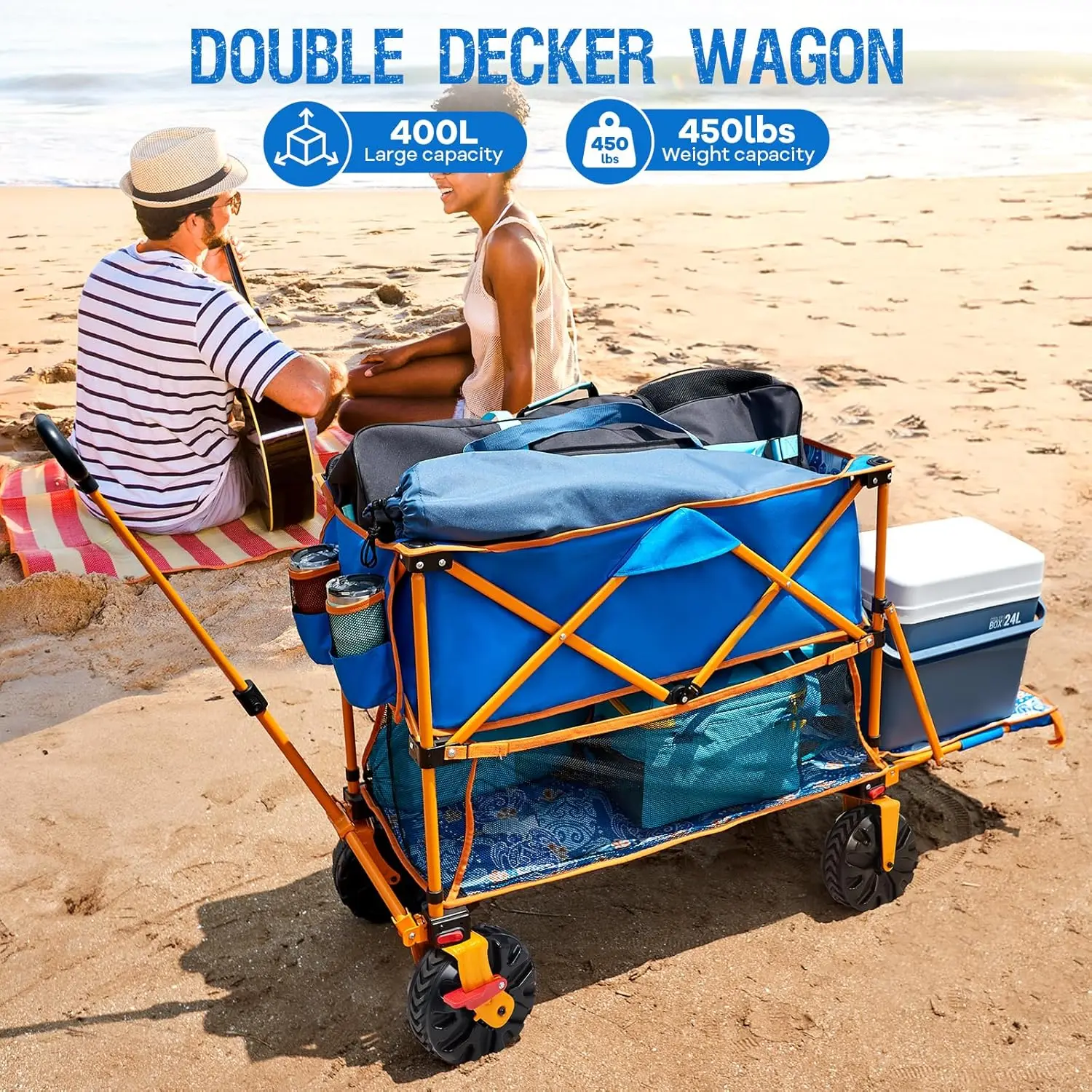 Beach and camping collapsible double decker wagon, 450LBS heavy-duty, 400L capacity, 54\