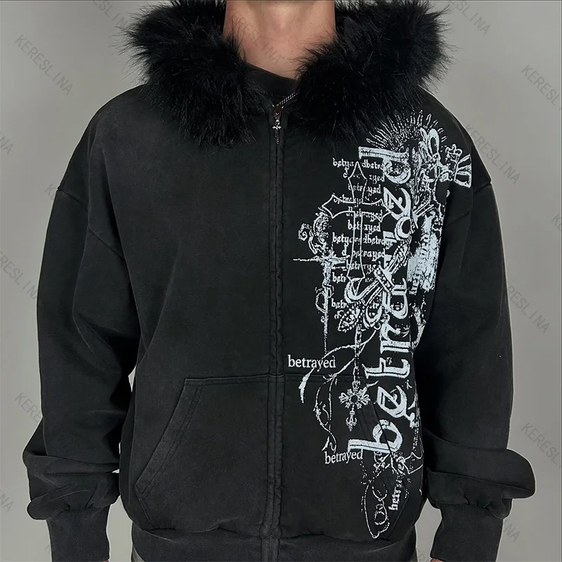 Y2k Felpa con cappuccio versatile con cerniera vintage gotico High Street Fashion Autunno e inverno Comode felpe versatili per uomo e donna emo