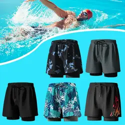 1PCS Printed Adult Swim Trunks Men's Quick Dry Double Layer Swim Shorts with Elastic Waist Slim Fit Printed Trunks for Water