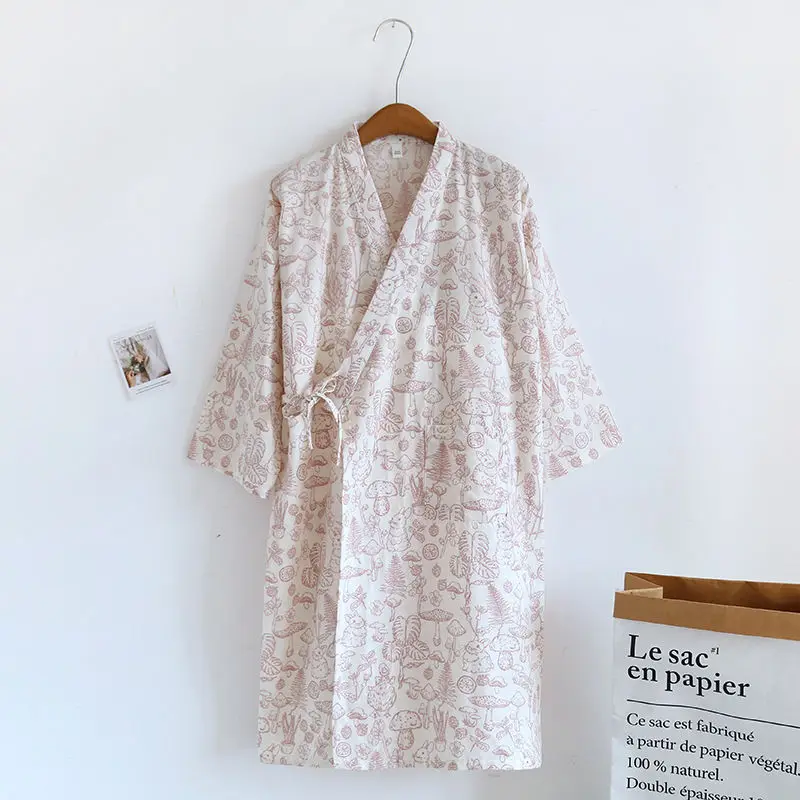 Japanese Series Ms. Pure Cotton Double Gauze Frenum Long Sleeve Home Skirt Night Gown Bathrobe Summer Refreshing Comfort Loose