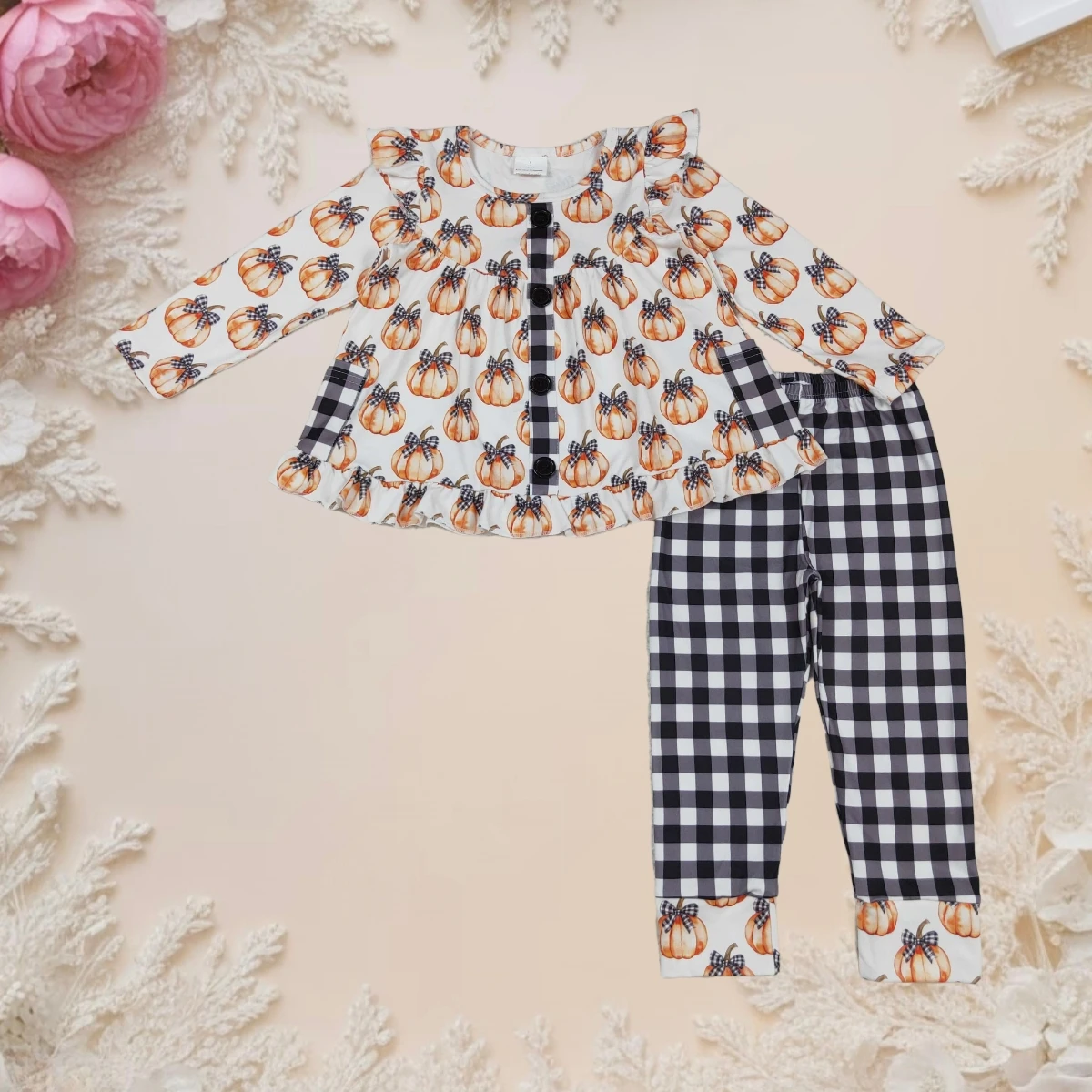 

Hot Sale Halloween Girls Outfit Toddler Kids Clothing Set Pumpkin Print Long Sleeve Top and Plaid Pants Fall Festival Clothes