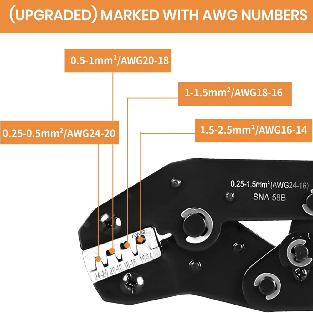 SN-58B Draht-Crimpzange, 0,25-1,5 mm², AWG24-16, nicht isolierte Ratschenklemmzange, Handwerkzeug für die Reparatur von Kfz-Verkabelungen – Detail 3