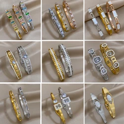 Flashbuy Simple Chic Multicolor Rhinestone Zircon Stainless Steel Bangles Bracelets for Women New Charm Waterproof Jewelry Gift