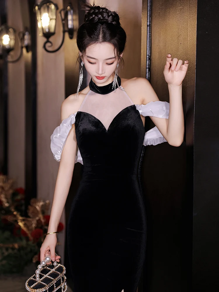 

Ele Velvet Evening Gown Fi Tail Skirt for Host Year End Par Ball Luxury mat Sle Zipper Princ Sve