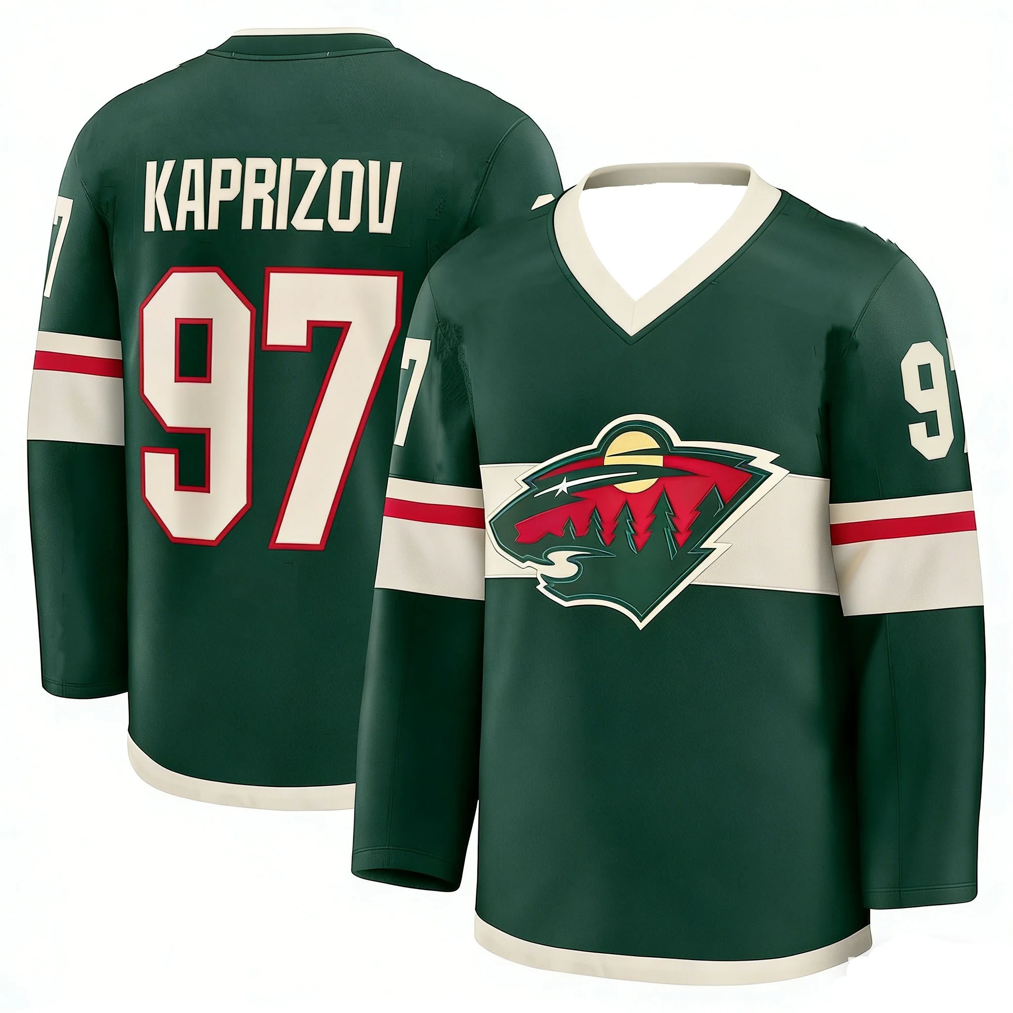 2026 Summer New Ice Hockey Jersey White Green Red Striped Forest Logo 3D Print Long Sleeve Fan Sports Shirt Family Kids Tees