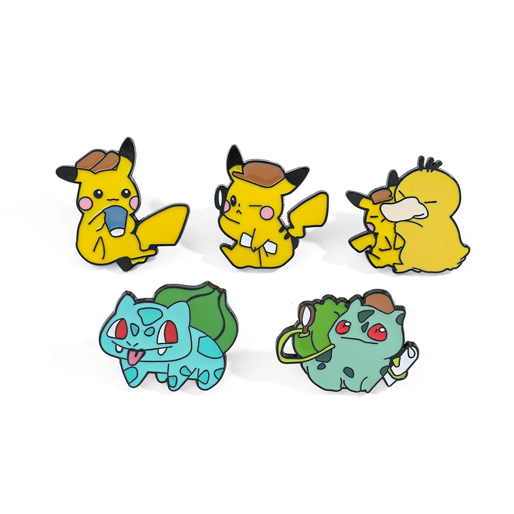 5 Pcs Cute Detective Pikachu Creative Bulbasaur Psyduck Enamel Pin Backpack Clothing Jewelry Metal Badge Accessories Gift