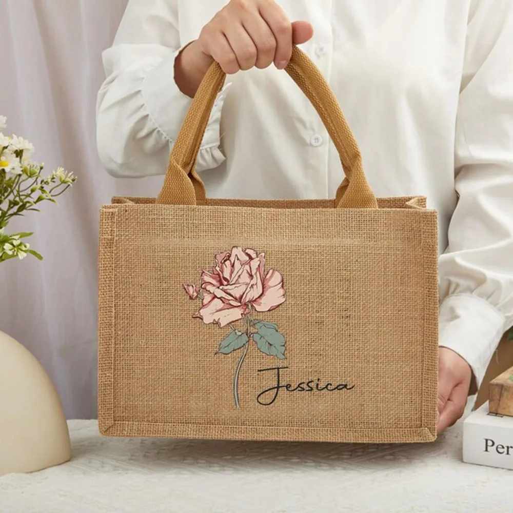 Custom Name and Pattern Bridesmaids Tote Bags Personalized Birth Flower Burlap Tote Beach Jute Favors Bridesmaids Gift Bags