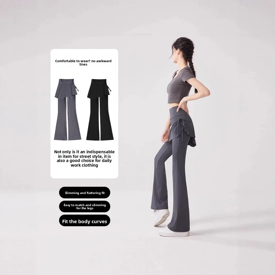 여성용 하이웨이스트 페이크 투피스 피트니스 팬츠 2025 신상 슬림 요가 바지 힙 커버 슬림핏 벨보트 캐주얼 팬츠