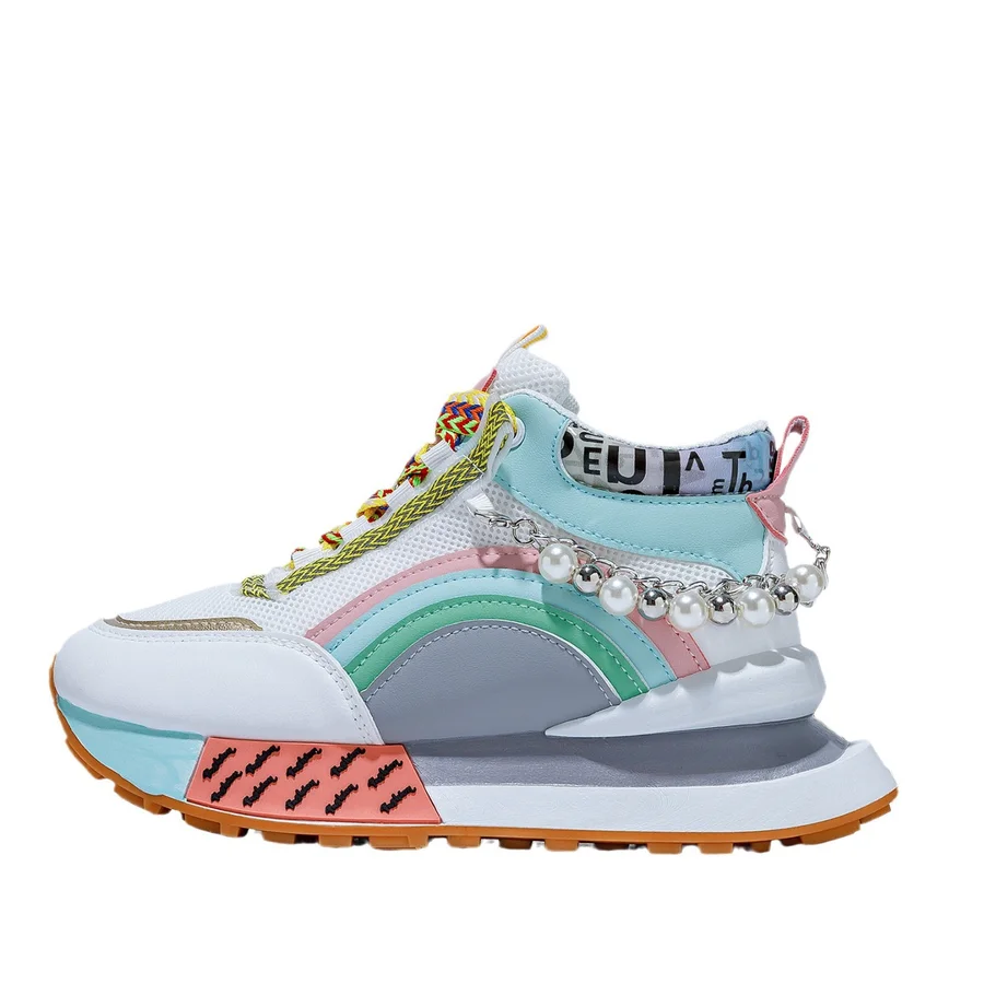 Trendy Pearl Platform Dad Shoes Niche Fashion Rainbow High Top Sneakers Popular Versatile Outdoor Sports Casual Walking Shoes view 6