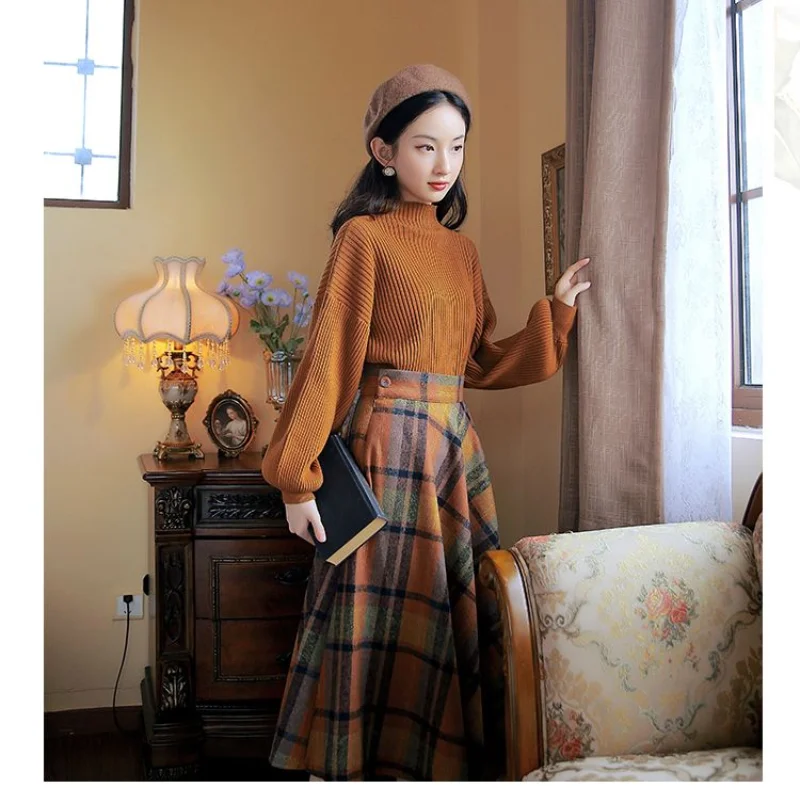 French Fashion Outfits Women\'s 2023 Autumn/Winter Knitted Half High Neck Sweater Plaid Woolen Half Skirts Two Piece Set