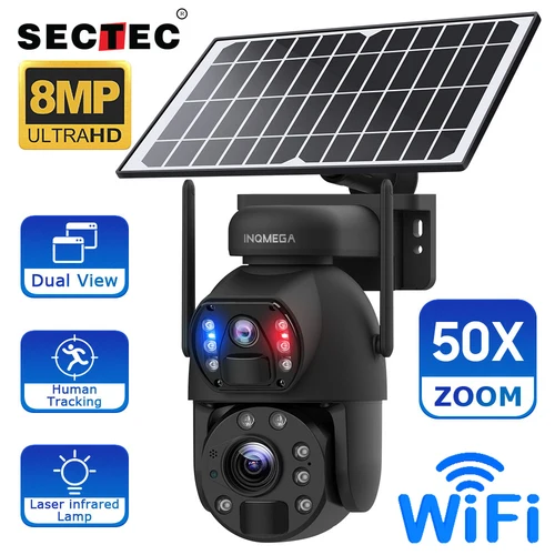 SECTEC 야외 듀얼 렌즈 사람 추적 보안 카메라, PIR 야간 투시경, 50X 줌, 8MP 태양광 카메라, 4G SIM, 360 °, 와이파이 배터리