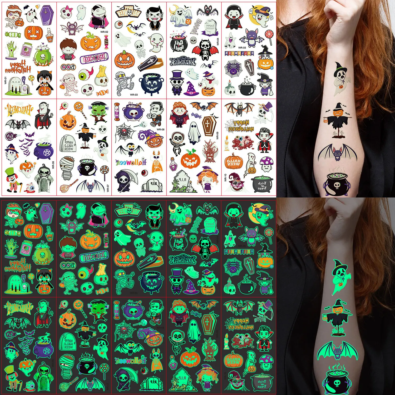 10 Sheets - 125 Types of Cartoon Vampire, Skeleton, Zombie, Ghost, Pumpkin, Bat Halloween Series Patterns, Glow-In-The-Dark Temporary Tattoos, Halloween Party Role-Playing Body Decorations, Waterproof Realistic Tattoo Stickers