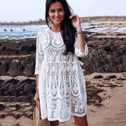 Bohemian Summer White Dress Women'S Tunic Swimwear Holiday Sheer Sexy Beach Cover-Up Backless Vintage Mesh Beach Dresses Robe