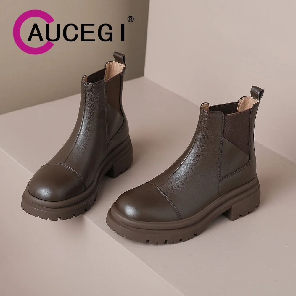 

Aucegi Autumn Winter Women's Fashion New Round Toe Chelsea Ankle Boots Leisure Style Genuine Leather Casual Flat Bottom Shoes