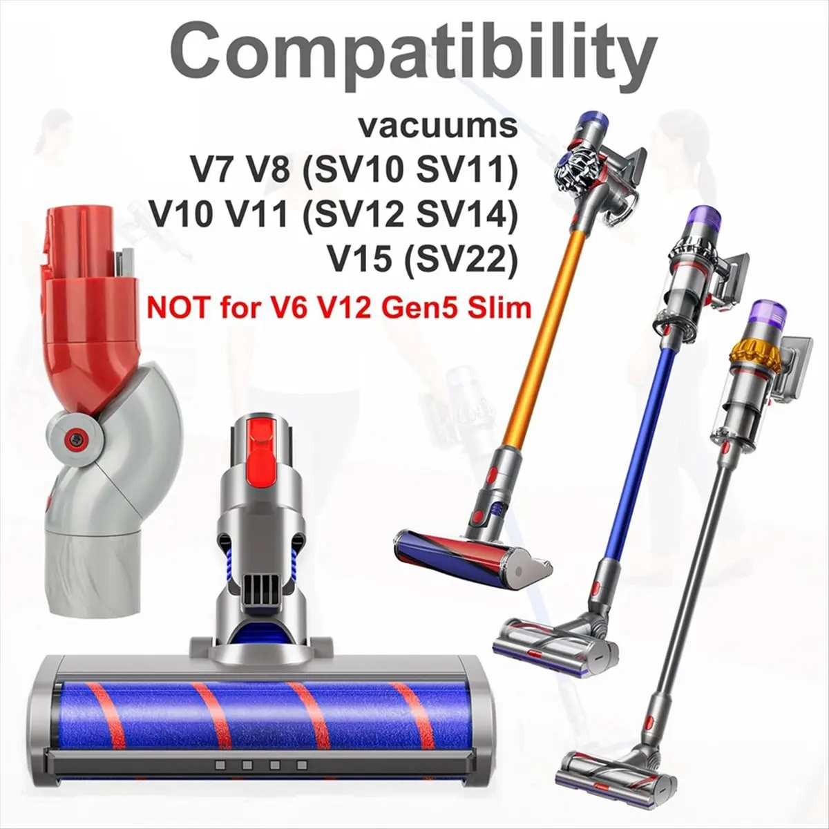 100% New For V7 V8 V10 V11 V15 Vacuums Attachments Soft Roller Hardwood Floor Brush with LED Dust Light Low-Reach Adapter