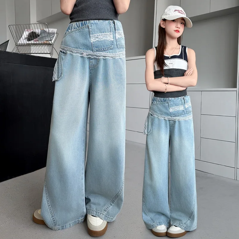 Children's New Wide Leg Jeans with Lace Belt For Teen Girls Popular High Waist Straight Denim Pants Kids Casual Summer Trousers