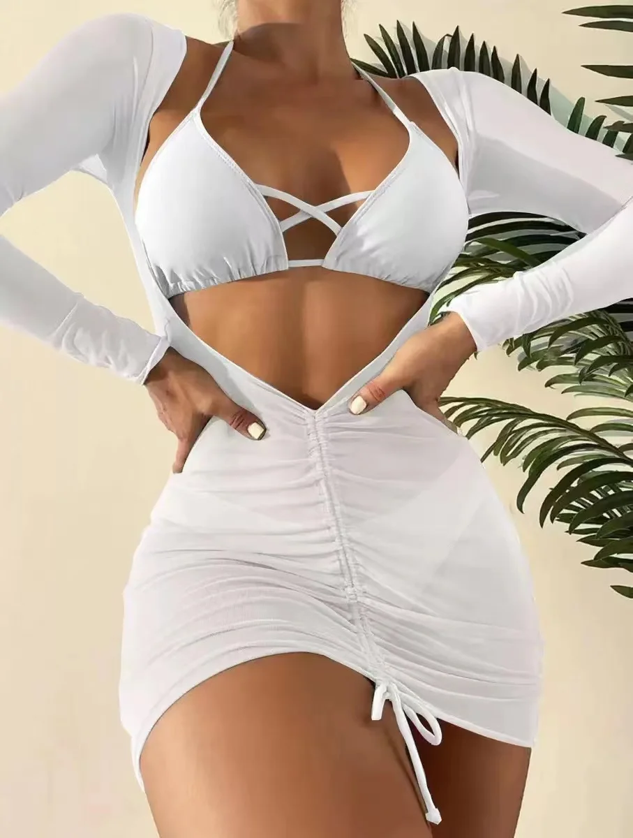 Maillot de bain 3 pièces pour femmes, sexy, taille haute, à lacets, micro, bikini, ensemble avec jupe, couleur unie, vêtements de plage, nouvelle