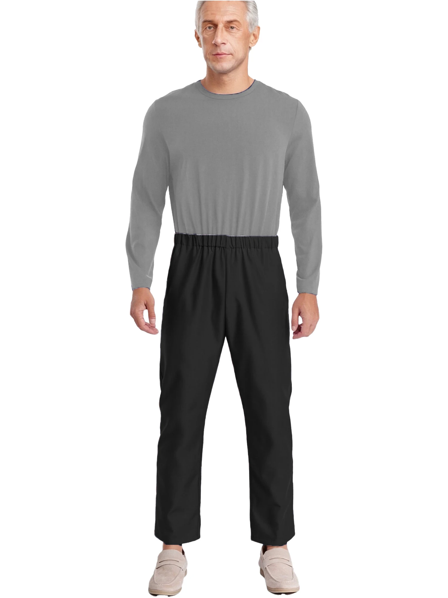 

Men Alzheimer Adaptive Clothing Round Neck Long Sleeve Elastic Waisltyt Back Zipper Color Block Jumpsuit with Pockets