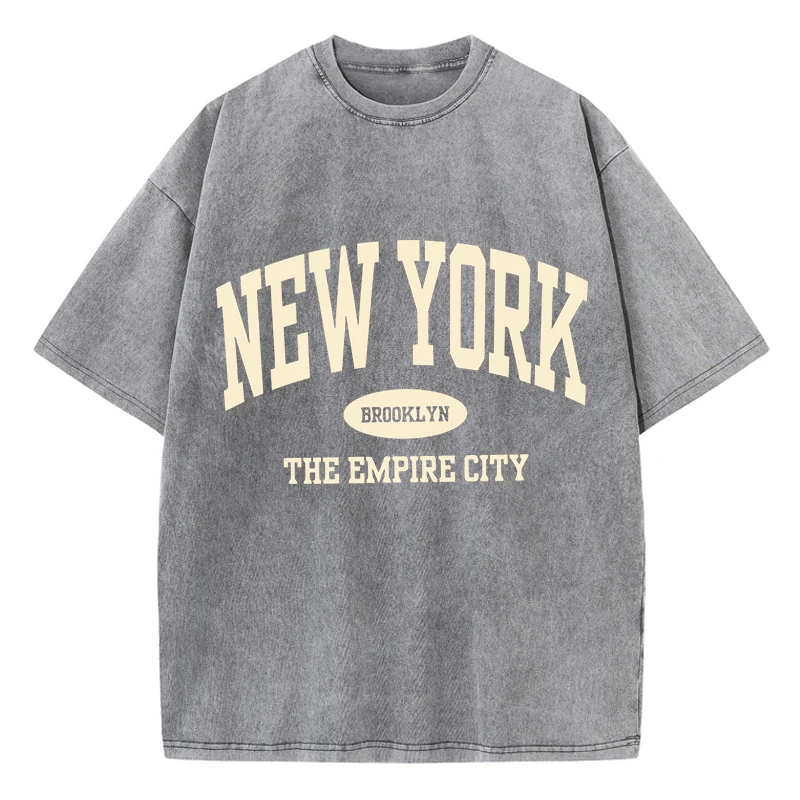 Camisetas lavadas con estampado de letras de Nueva York Brooklyn, camisetas de algodón para mujer, camisetas cómodas desgastadas con cuello redondo, ropa de verano para mujer
