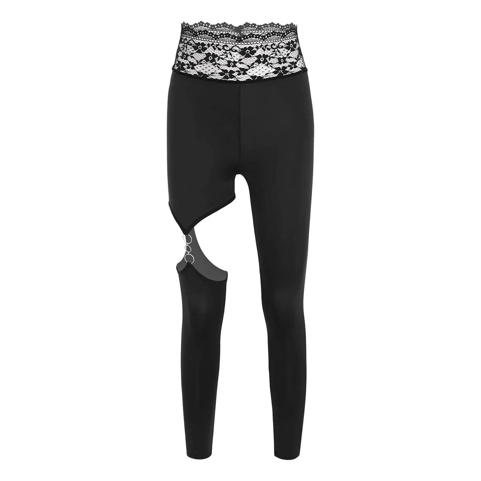 Women High Waist Lace Waistband Yoga Leggings Cutout O Ring Stretchy Tummy Control for Workout Gym