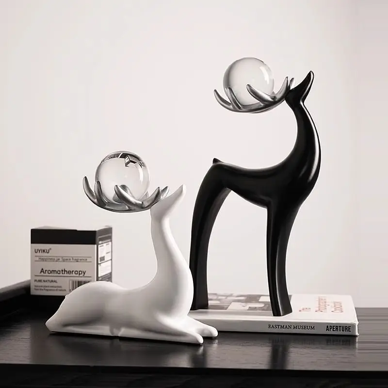 Light luxury black and white couple deer ornament, living room entrance lucky crystal ball decoration, housewarming, new home