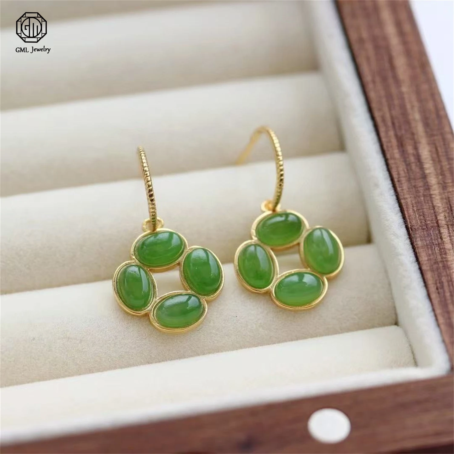 Natural Green Jade Spinach Color Coin Leaf Four Leaf Clover Hook Earrings Women Exquisite Retro Ethnic Style Jewelry Gift