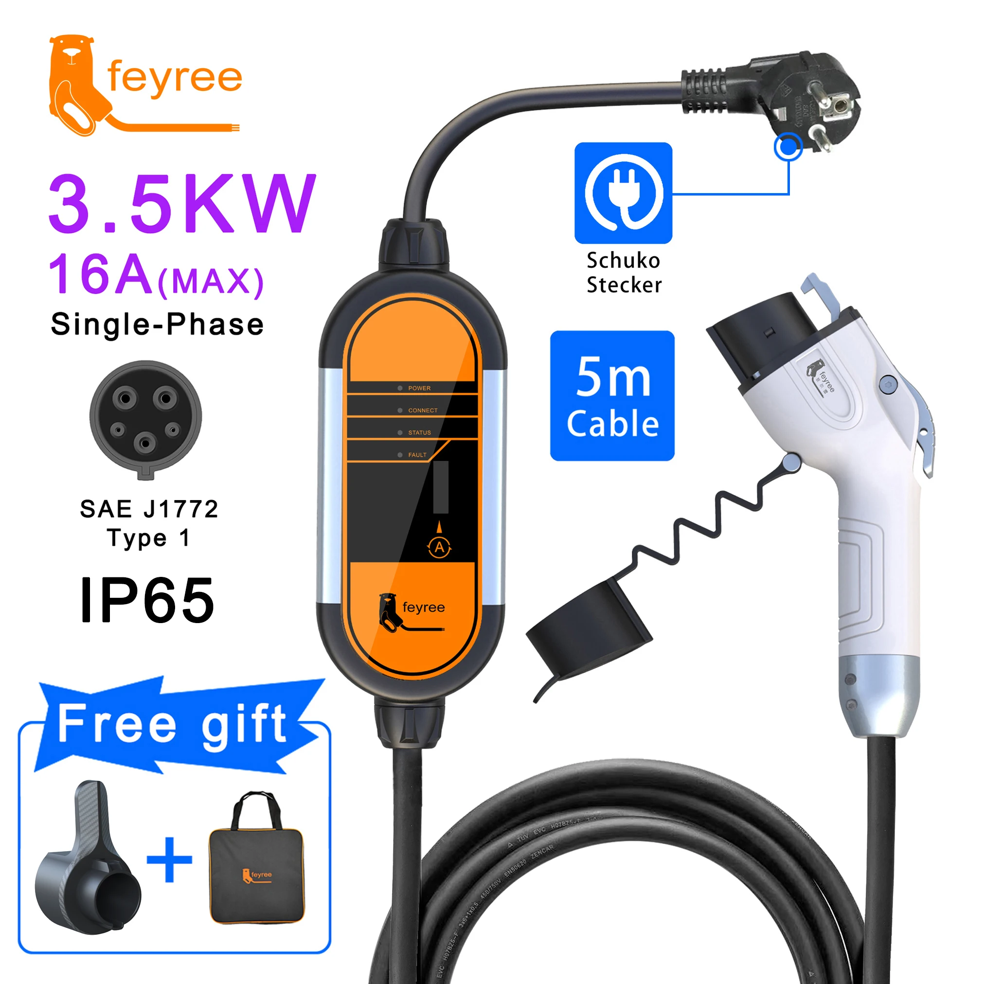 EV Portable Charger Type1 j1772 Type2 Cable 5m EVSE Adjustable Current 16A 3.5KW Schuko Plug free Holder and Bag Electric Car