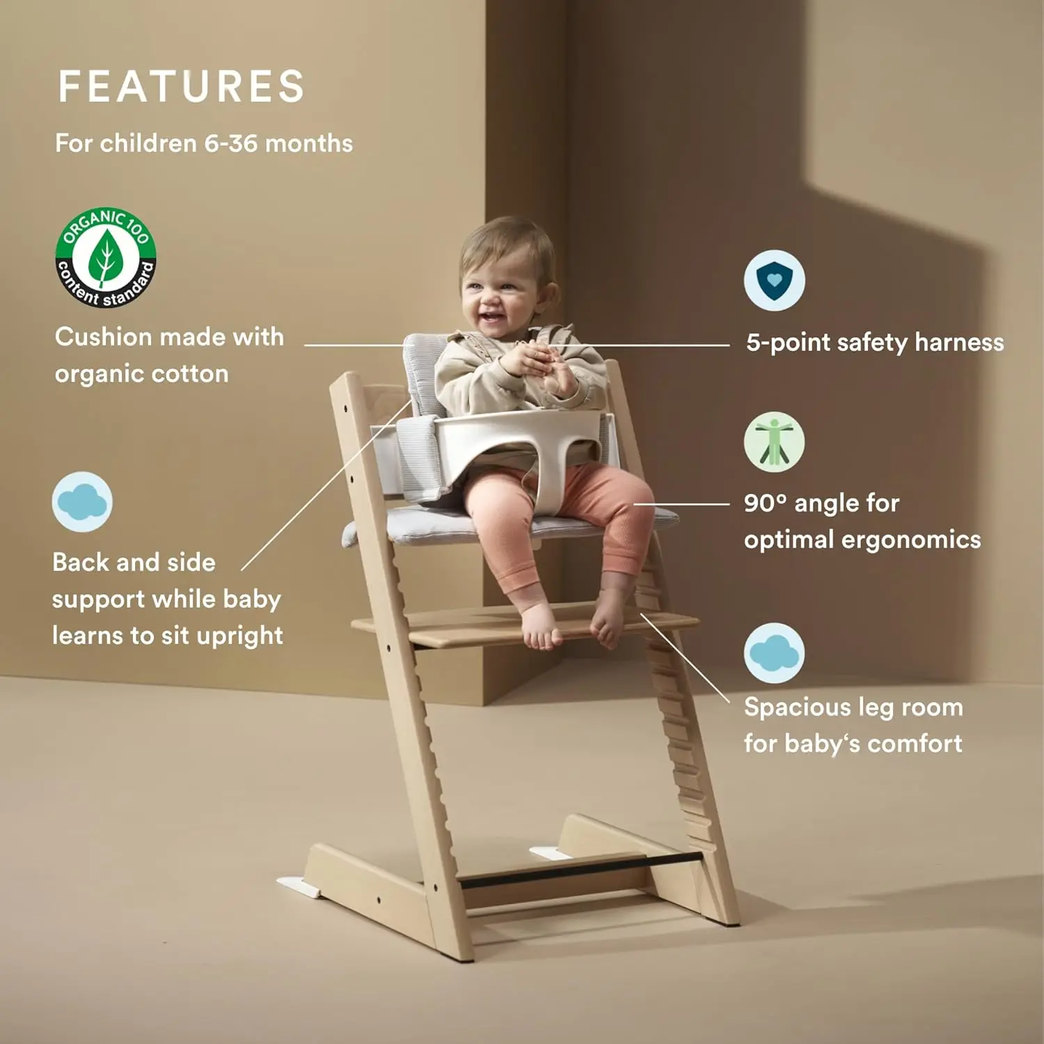 High Chair 2 (Natural), Cushion 2 (Nordic Grey) + Tray (White) - Includes Chair + Baby Set with Removable Harness for Children