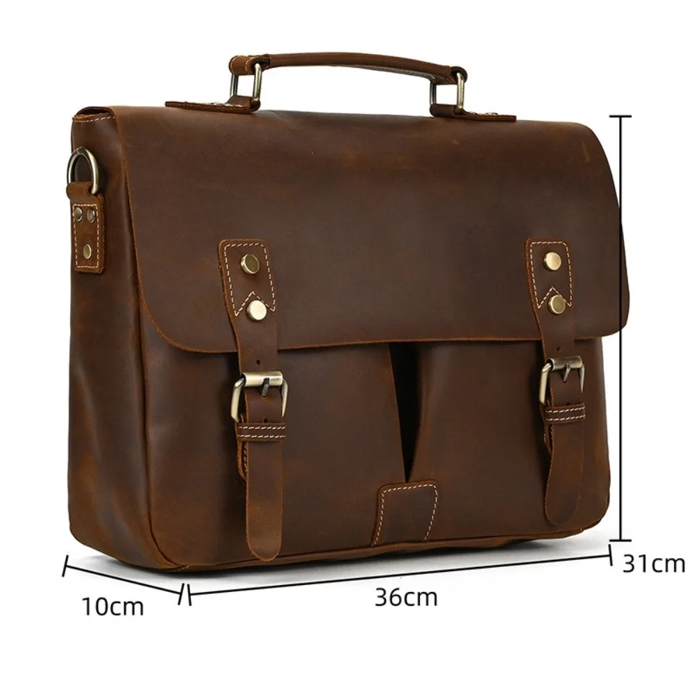 Leather Briefcase 14 Inch Computer Handbag Shoulder Messenger Casual Simple Fashion Versatile First Layer Cowhide  Business Bag