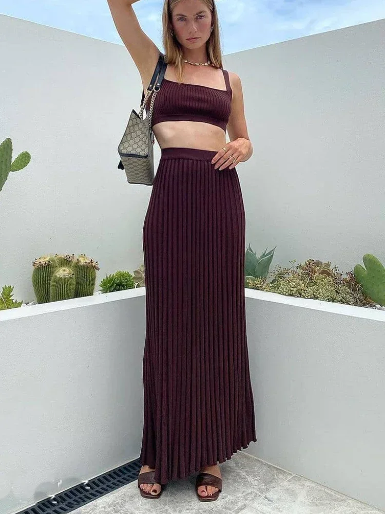 ใหม่สีขาวถัก 2 ชิ้นผู้หญิงชุดฤดูใบไม้ร่วง Ribbed Tank Top และจีบถักชุดกระโปรงสําหรับผู้หญิงชุดยาวชุดฤดูร้อน