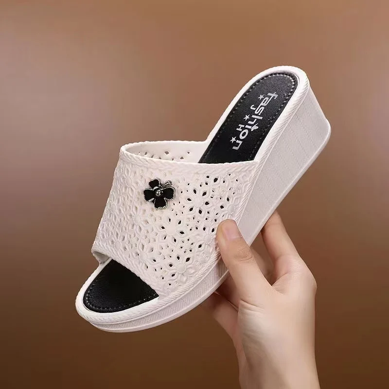 

New Women's Summer One Word Wedges Hollow Slippers Soft Sole Non Slip Home Slippers Bathroom Slippers Outdoor Beach Slippers