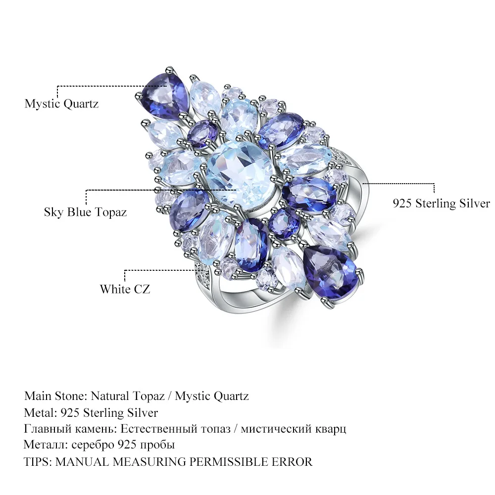 Vintage Aquamarine Tanzanite Cocktail Rings for Women Big Statement Floral Blue Crystal Ring Silver Color Banquet Jewelry Gift