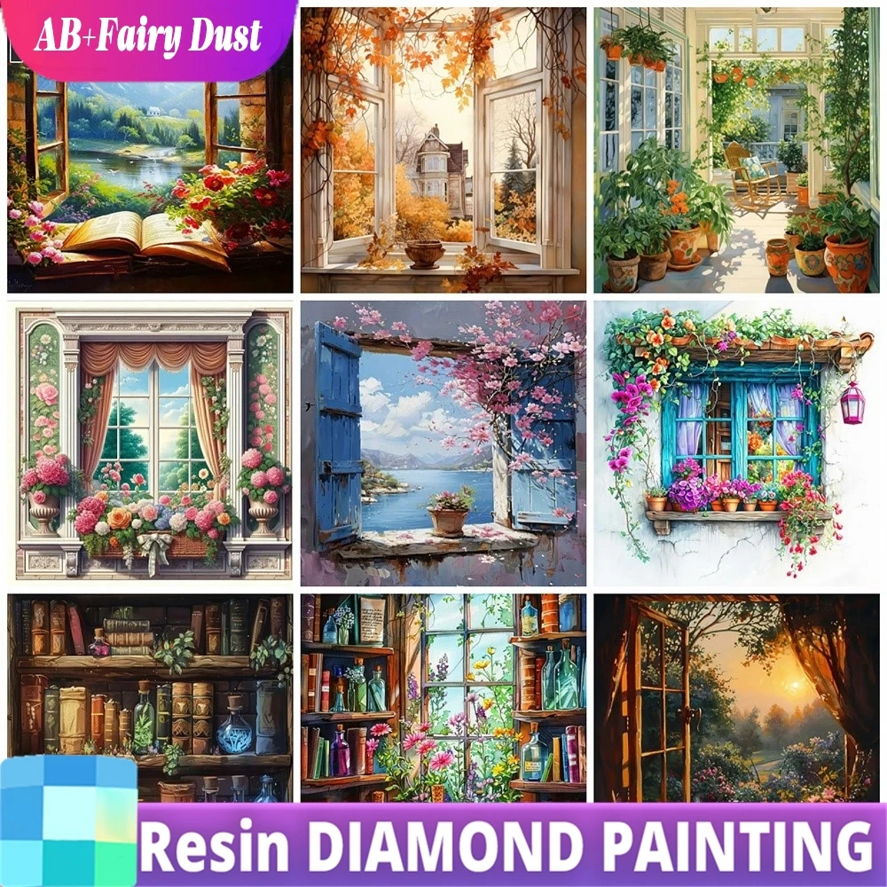 Resin Fairy Dust AB Diamond Painting Landscape Window Kit Full Embroidery Flower Wall Decorative Pictures For Home