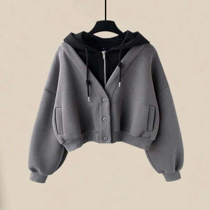 Women Casual Hoodies Autumn cotton Fake two pieces Zip Up Oversized Sweatshirts Harajuku Long Sleeve Hooded Short Jackets Coat