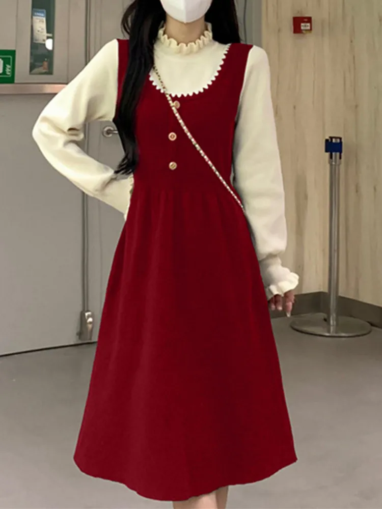 

Утепленное вязаное осенне-зимнее женское платье Dr Red Little Fraance с высоким воротником, имитация двух частей, юбка А-силуэта