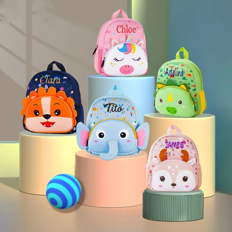 Mochilas dos desenhos animados animais com nome personalizado para estudantes, materiais de mergulho infantil, mochilas jardim de infância, dinossauro e unicórnio