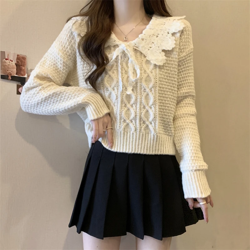 Winter Pullovers Women Patchwork Peter Pan Collar Bow Sweet Lovely All-match Knitting Chic Fluffy Design Autumn Tops Female Ins