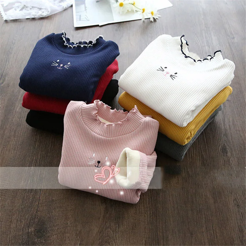 Girls' Velvet Bottom Shirt 2024 Autumn with Thick Mushroom Edge for Warmth Children's Versatile Bottom Velvet Shirt Warm Top