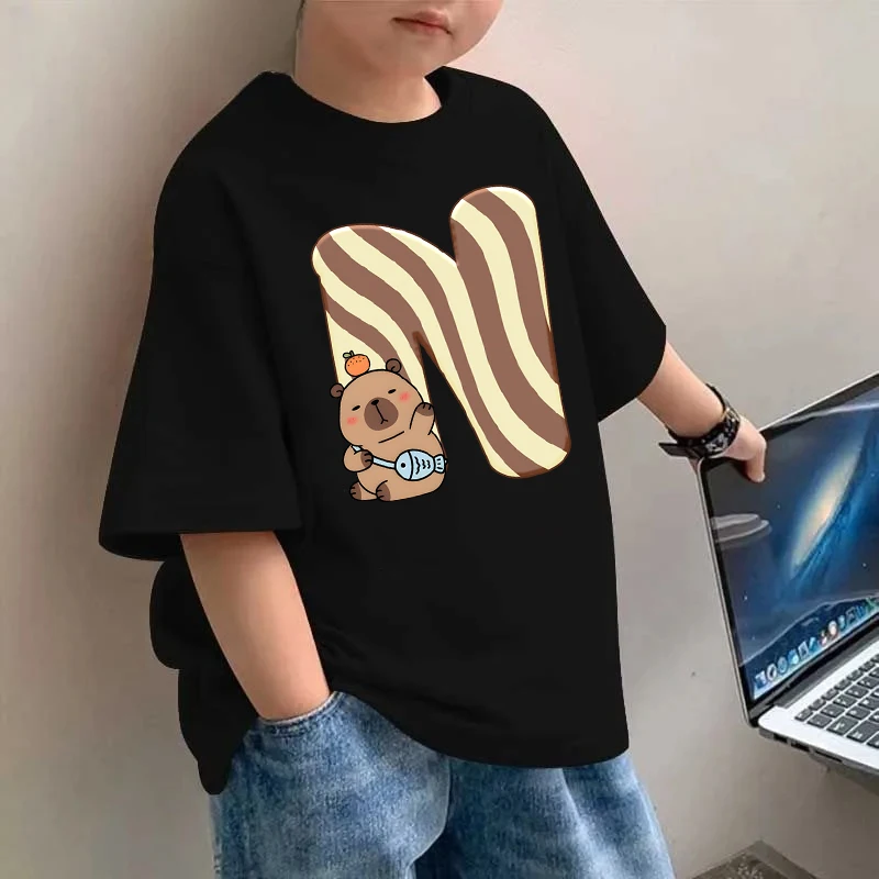 

Cartoon Capybara Letter A-Z Print T-Shirt Capybara Lover Birthday Gift 26 Initials T-Shirts Girls Boys Cotton Tee Shirt Clothes