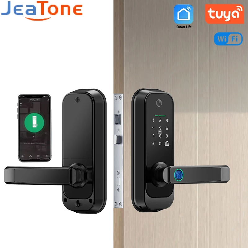 Jeatone Tuya Wifi Digital Electronic Smart Door Lock Kit With Door Handle Fingerprint Biometric Camera for Home House Apartment