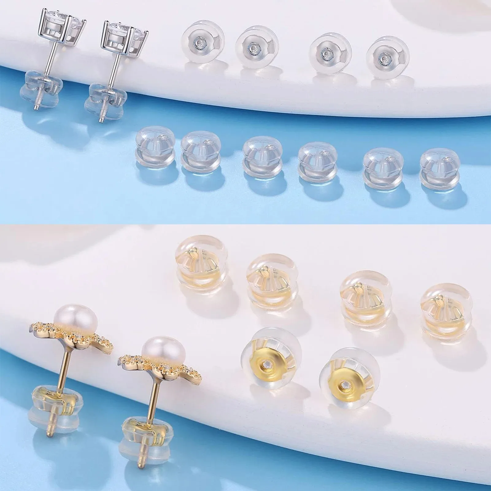 50Pcs Professional Earring Security Set - Mixed Clear/Gold/Silver Backs + Dome Stoppers w/Metal Insert | Non-Slip & Case Include