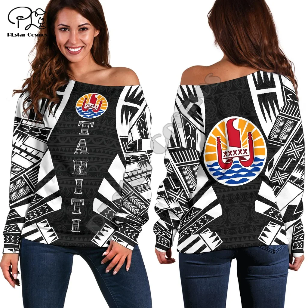 Sudaderas de manga larga con hombros descubiertos para mujer, sudaderas casuales Harajuku, bandera de la isla de campo de Tahiti, Polinesia Francesa, tatuaje Tribal, estampado 3D, X5