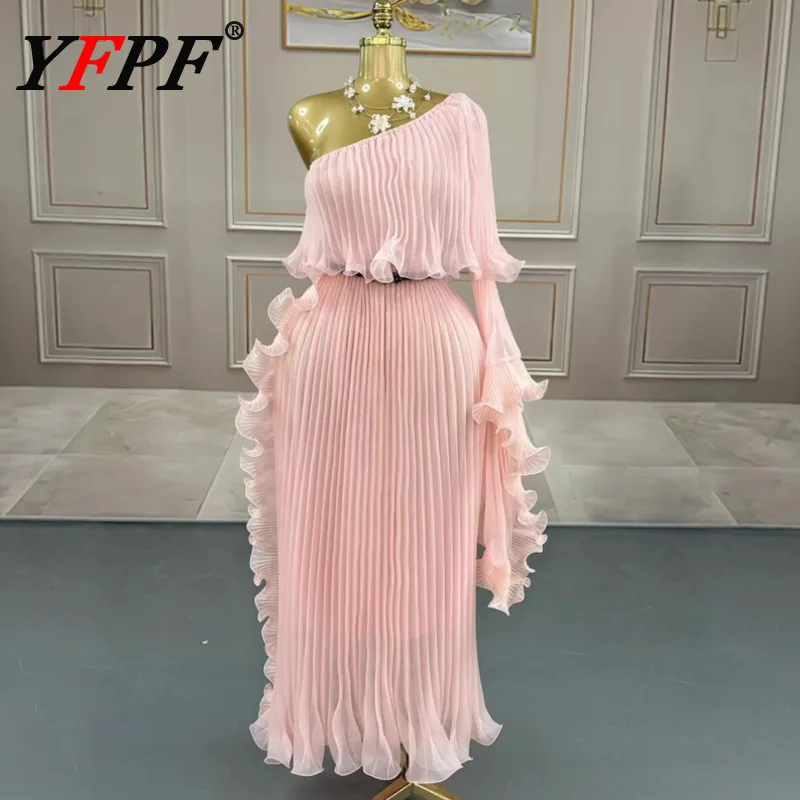 

YFPF 2025 Fashion Pleated Design Long Dress For Women Diagonal Collar One Shoulder Sleeve Belt Waist Party Dresses 3A334