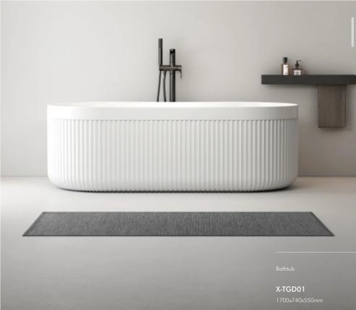 

Meiyani White Fluted Groove Free Standing Solid Surface Bath Tub Oval Artificial Stone Bathtub With Drainer for Soaking