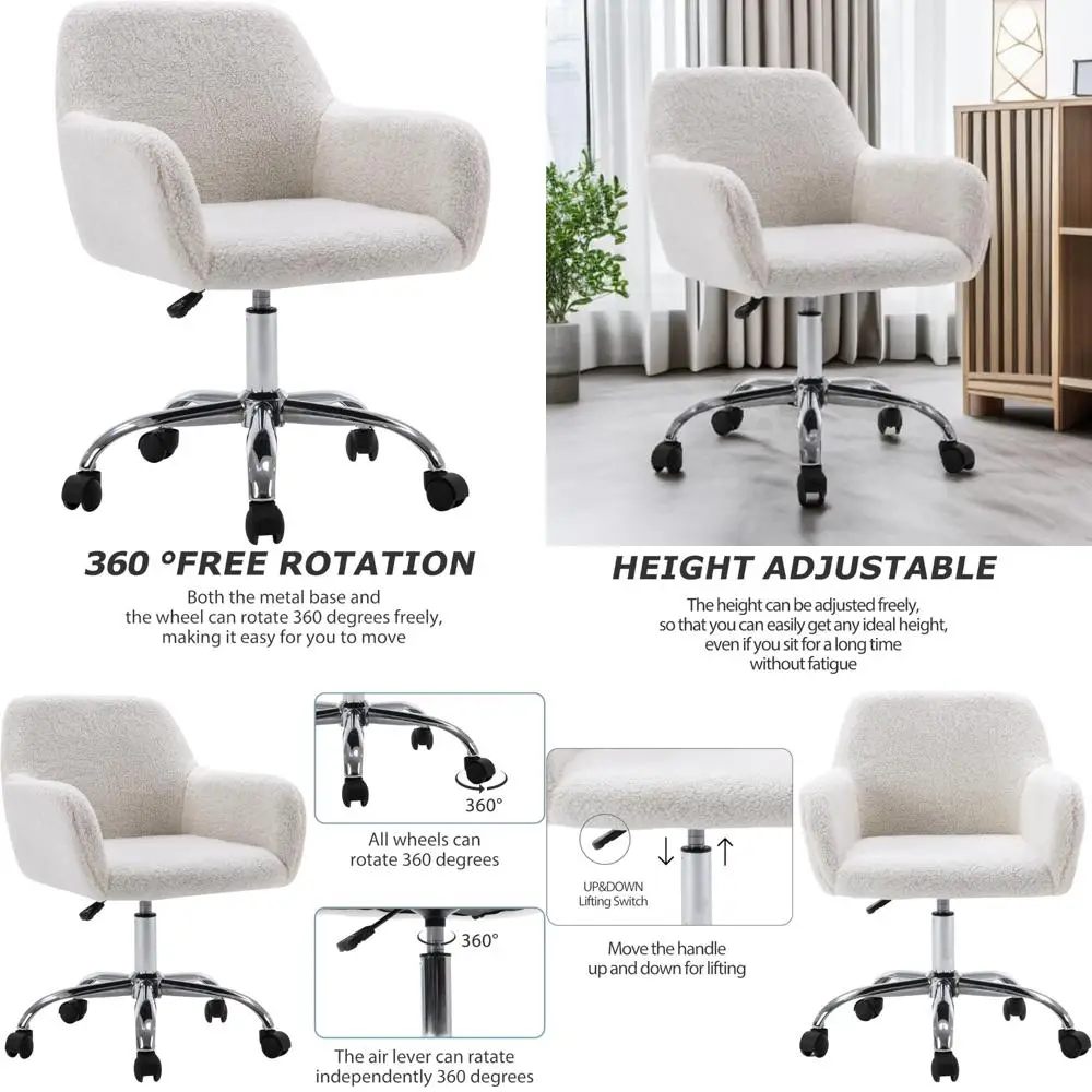 

Faux Fur Swivel Makeup Desk Chair, Cozy Fluffy Armchair with Wheels, Adjustable Height Upholstered Seat