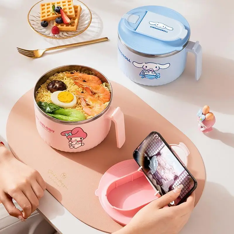 Sanrios Hellokittys SUS304 Instant Noodle Bowl Cinnamoroll Melody Cute 1400Ml Lunch Box Cartoon Home Dinner Pail Anime Bento Box