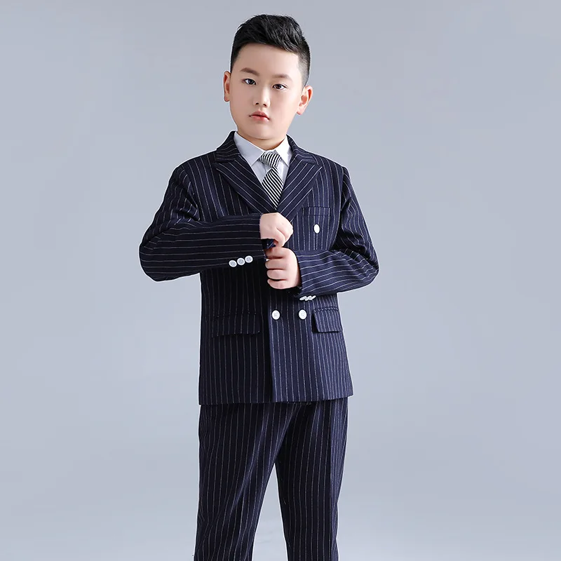 

Boy Blue Stripe Suit For Wedding Fat And Big Teenager Kids Formal Ceremony Clothes Children Photograph Party Performance Costume