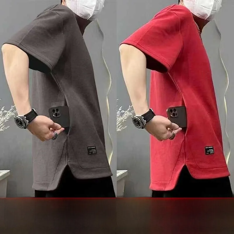 Summer Hidden Pocket Cool Breathable Men's Short Sleeve T-Shirt round Neck  Color Loose Large Size Half Sleeve Design